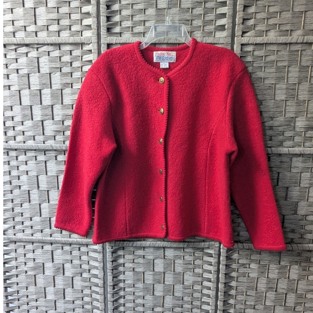 Vtg 90s Tally-Ho Cardigan Red Boiled Wool Gold Button Crew Neck Sz L Twee Cozy